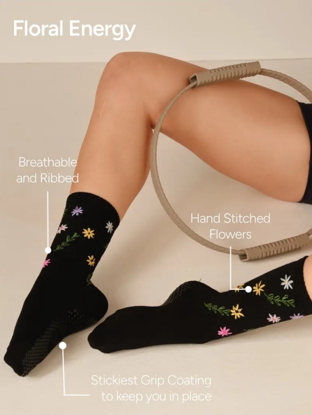The Wild Black Floral Grip Socks for Women